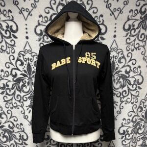 Vtg 00s/Y2K Miss Juliet Babe Sport 85 Faux Fur Lined Zip Up Hoodie Black Yellow